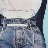 Mesh Patchwork Slim Denim Print Dress FSXF-F372