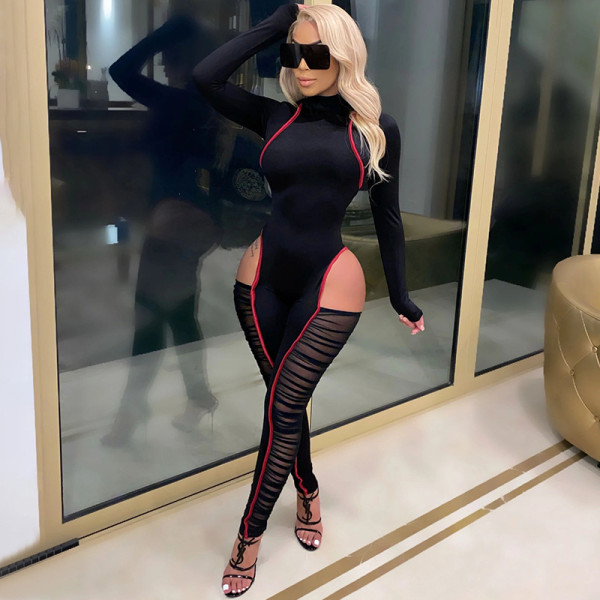 Splice Mesh Sexy Long Sleeve Jumpsuit YF-9790