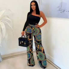 Fashion Patchwork Single Shoulder Sleeve Wide Leg Jumpsuit ASL-6625