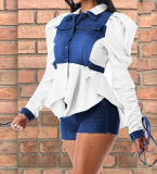 Fashion Patchwork Denim Ruched Sleeve Top ZDF-31259