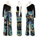 Fashion Patchwork Single Shoulder Sleeve Wide Leg Jumpsuit ASL-6625