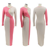 Fashion Color Blocking Hollow Out Slim Maxi Dress HNIF-004