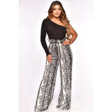 Fashion Patchwork Single Shoulder Sleeve Wide Leg Jumpsuit ASL-6625