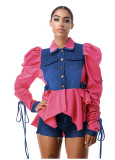 Fashion Patchwork Denim Ruched Sleeve Top ZDF-31259