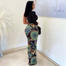 Fashion Patchwork Single Shoulder Sleeve Wide Leg Jumpsuit ASL-6625