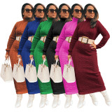 Solid Color High Collar Knits Long Dress(Without Waist Belt) TR-1236