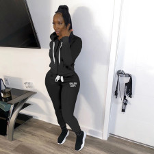 Letter Print Solid Hooded Sweatshirt And Pant Sport 2 Piece Set YIM-284