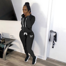 Letter Print Solid Hooded Sweatshirt And Pant Sport 2 Piece Set YIM-284