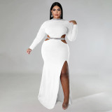 Plus Size Solid Color Hollow Out Split Maxi Dress NNWF-7748