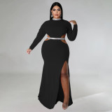 Plus Size Solid Color Hollow Out Split Maxi Dress NNWF-7748