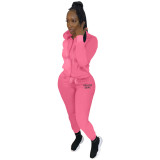 Letter Print Solid Hooded Sweatshirt And Pant Sport 2 Piece Set YIM-284