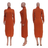 Solid Color High Collar Knits Long Dress(Without Waist Belt) TR-1236