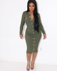 Solid Color Single-breasted Skinny Midi Dress YH-5281