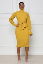 Solid Color High Collar Knits Tie Up Midi Dress TR-1237