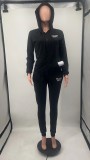 Letter Print Solid Hooded Sweatshirt And Pant Sport 2 Piece Set YIM-284