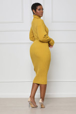 Solid Color High Collar Knits Tie Up Midi Dress TR-1237