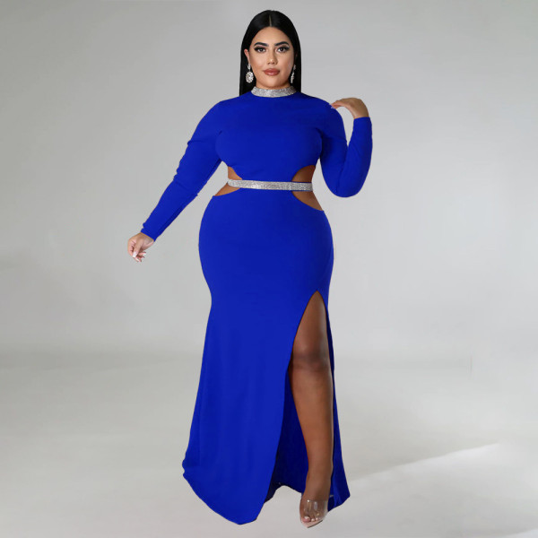 Plus Size Solid Color Hollow Out Split Maxi Dress NNWF-7748
