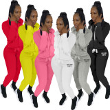 Letter Print Solid Hooded Sweatshirt And Pant Sport 2 Piece Set YIM-284
