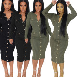 Solid Color Single-breasted Skinny Midi Dress YH-5281