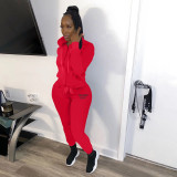Letter Print Solid Hooded Sweatshirt And Pant Sport 2 Piece Set YIM-284