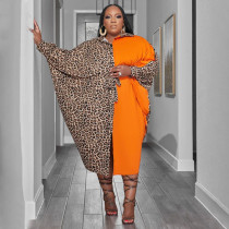 Plus Size Leopard Splicing Color Contrast Loose Dress NNWF-7699