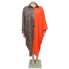 Plus Size Leopard Splicing Color Contrast Loose Dress NNWF-7699