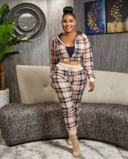 Plus Size Plaid Zipper Fashion Casual Two Piece Set HM-6627