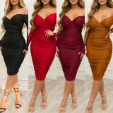 Sexy Solid Long Sleeve Slim Midi Dress GOSD-6805