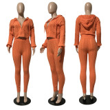 Casual Knits Solid Color Hooded Tops And Tight Pant Sweater Suit GCNF-0204