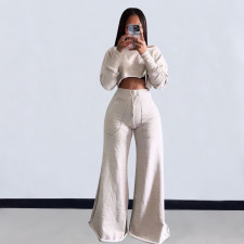 Solid Color Long Sleeve Crop Tops And Loose Pant 2 Piece Set OLYF-6111