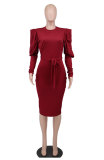 Solid Color Long Sleeve Slim Midi Dress XHXF-335