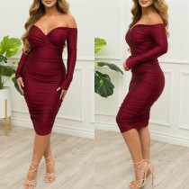 Sexy Solid Long Sleeve Slim Midi Dress GOSD-6805