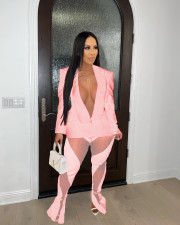 Solid Color Deep V Neck Blazer And Mesh Splicing Pant 2 Piece Set DAI-8409