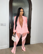 Solid Color Deep V Neck Blazer And Mesh Splicing Pant 2 Piece Set DAI-8409
