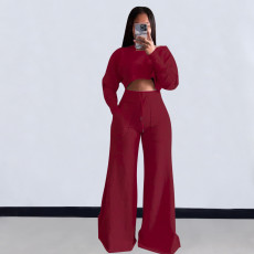 Solid Color Long Sleeve Crop Tops And Loose Pant 2 Piece Set OLYF-6111