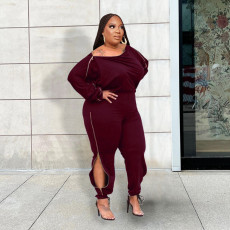 Plus Size Casual Solid Color Zipper Off Shoulder Jumpsuit XHSY-19490