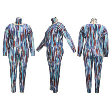 Plus Size Printed Long Sleeve Two Piece Pants Set With Mask XHSY-19493