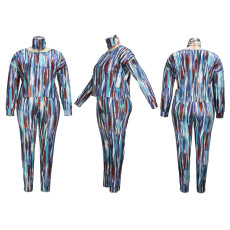 Plus Size Printed Long Sleeve Two Piece Pants Set With Mask XHSY-19493