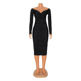 Sexy Solid Long Sleeve Slim Midi Dress GOSD-6805