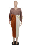 Fashion Color Blocking Bat Sleeve Maxi Dress XHXF-333