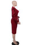 Solid Color Long Sleeve Slim Midi Dress XHXF-335