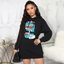 Casual Fleece Printed Hooded Sweatshirt Dress XHSY-19481