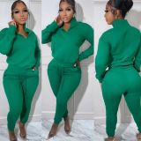 Solid Long Sleeve Sweatshirt And Pant Sport Two Piece Set HMS-5561