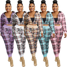 Plus Size Plaid Zipper Fashion Casual Two Piece Set HM-6627