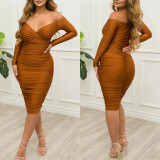 Sexy Solid Long Sleeve Slim Midi Dress GOSD-6805