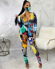 Graffiti Print Long Sleeve Splicing Pant Skinny Two Piece Set GDNY-2207
