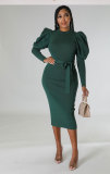 Solid Color Long Sleeve Slim Midi Dress XHXF-335