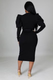 Solid Color Long Sleeve Slim Midi Dress XHXF-335