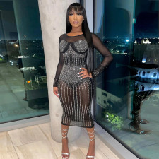 Sexy Mesh Hot Drilling Midi Dress GOSD-6818