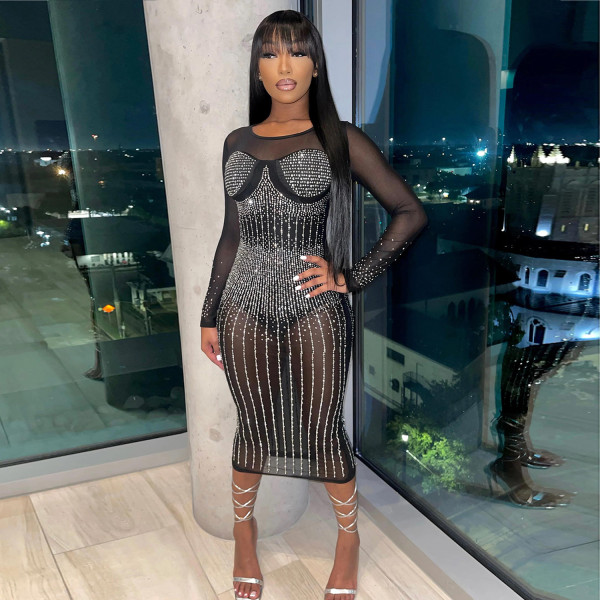 Sexy Mesh Hot Drilling Midi Dress GOSD-6818